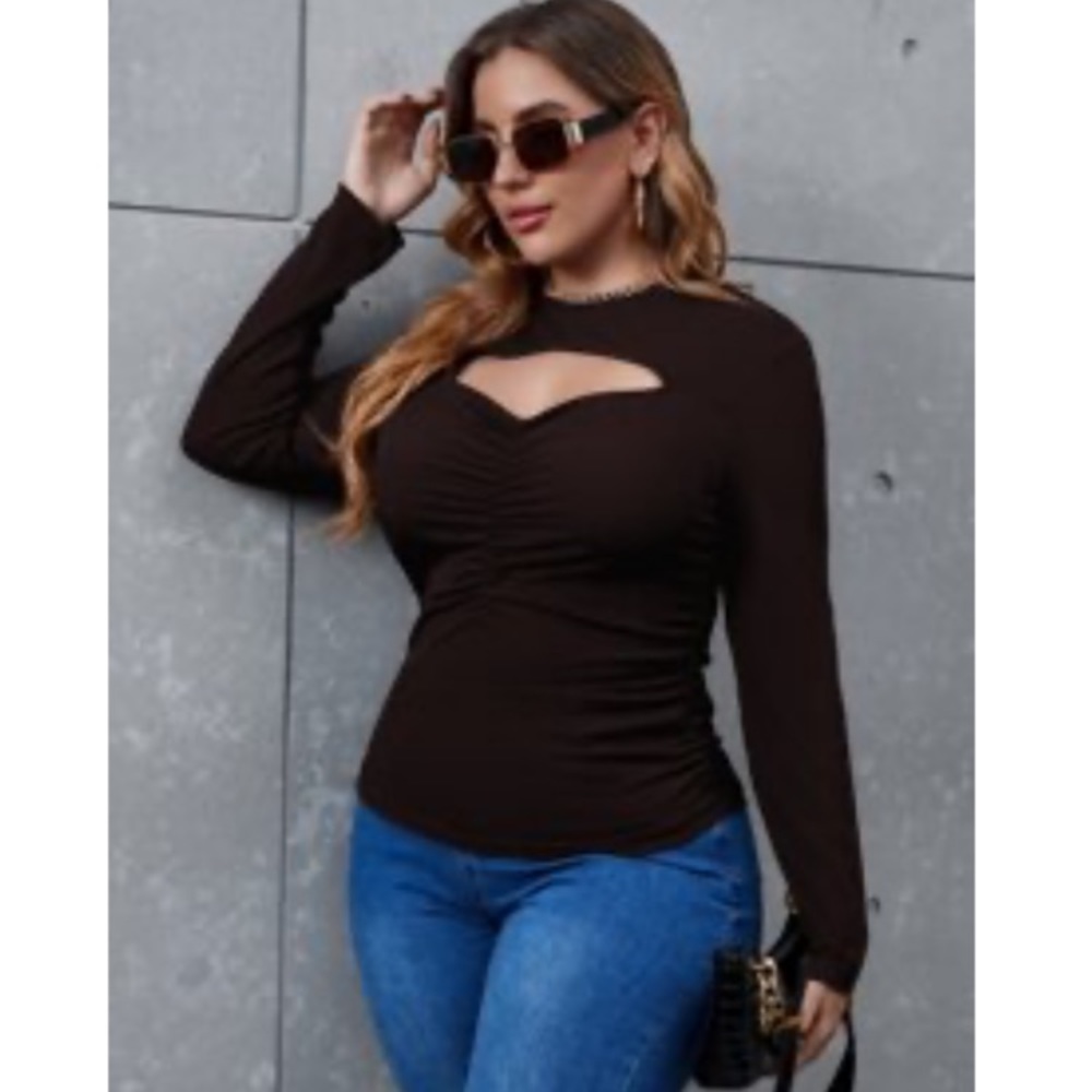 SHEIN CURVE Cut Out Ruched Front Blouse Size 2XL in Brown